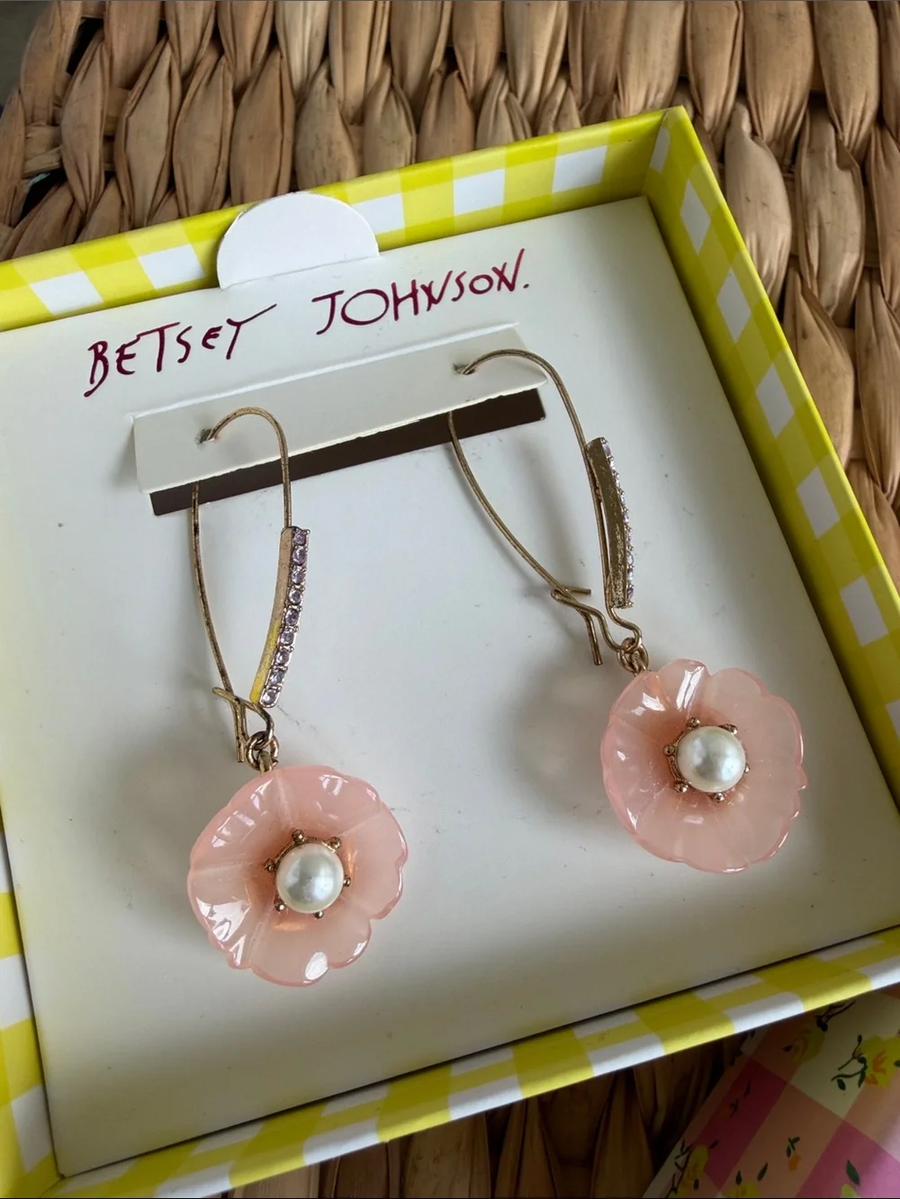 Betsey Johnson Pink Enamel Flower Pearl Drop Earrings